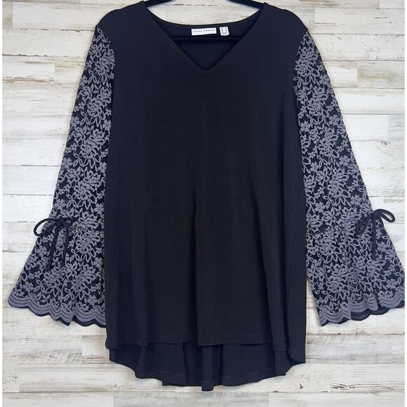 Susan Graver Black Gray Liquid Knit Fit Flare Top Lace Sleeves Size M - Picture 1 of 7